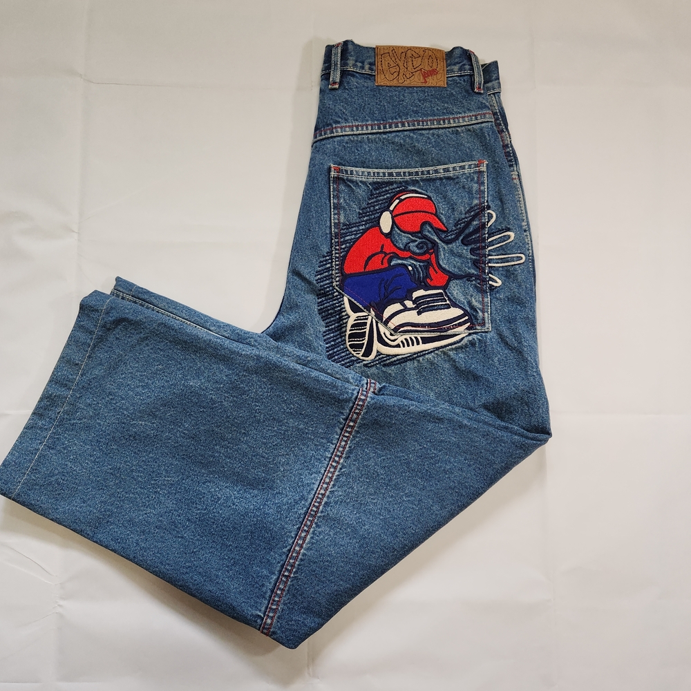 Y2K EXCO Bagg JEAN- EMBROIDERED HIP HOP STYLE GRAPHIC, BAGGY PANTS SIZE 32